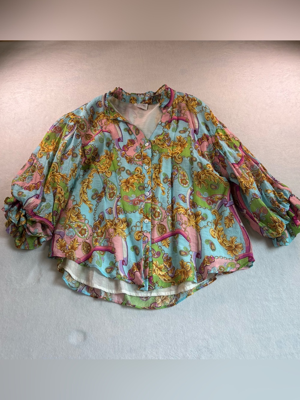 Fate Pastel Blue Multi-Color Paisley Button-Front Blouse